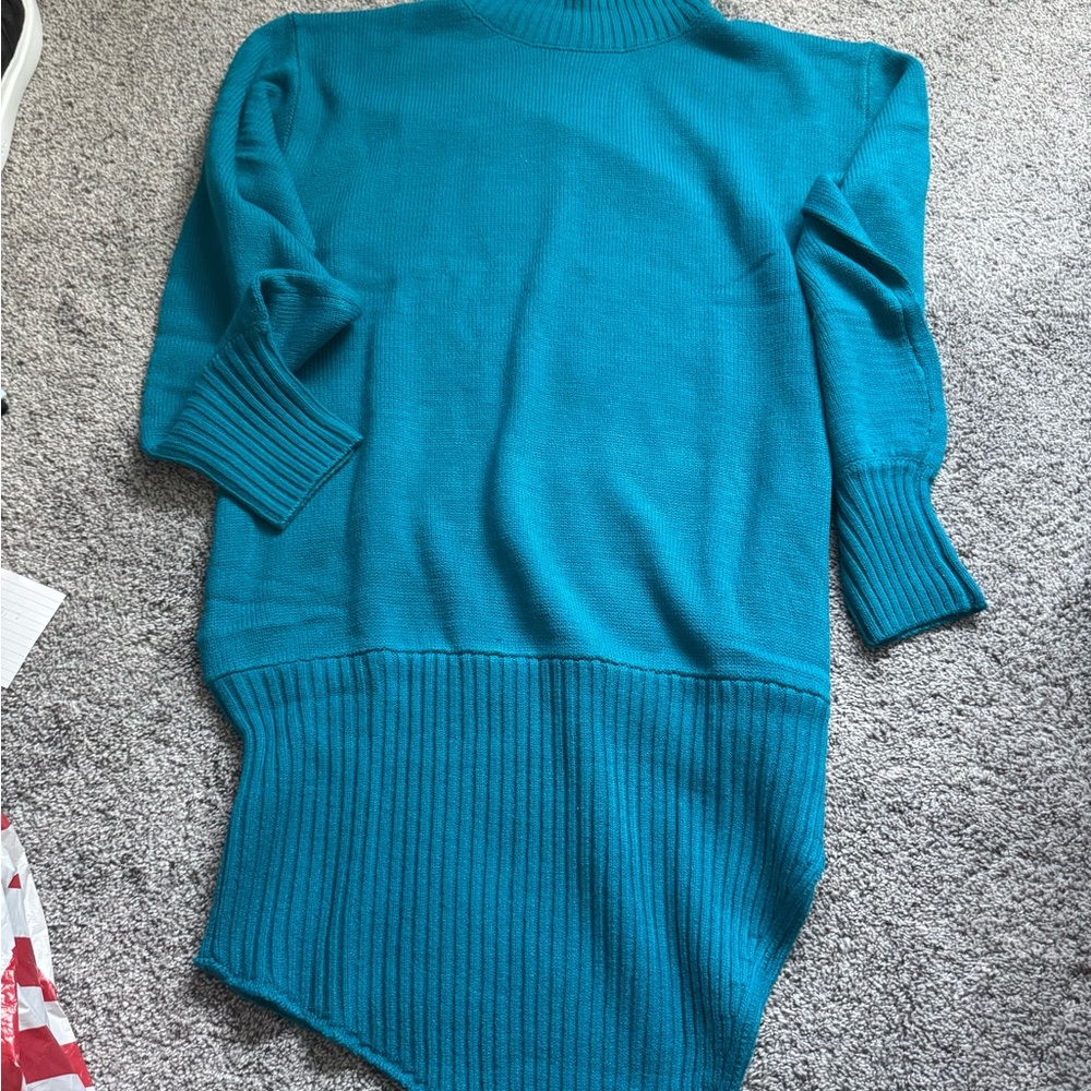 Pantora Sabrina Teal Ribbed Knit Sweater Dress